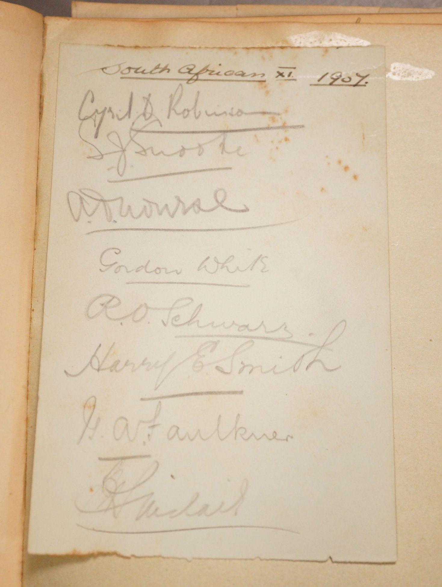 South Africa cricket team signatures from the 1907 England tour in a scrap book album of sketches etc., 20 x 16cm